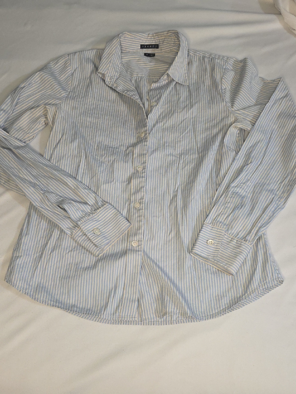 Theory Women's Blue and White Striped Button Front Blouse